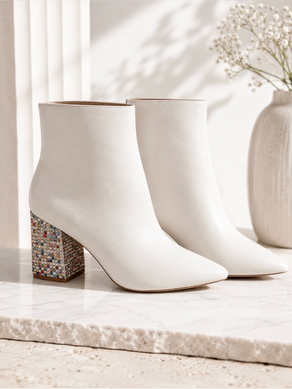 Betsey Johnson Kassie White Rhinestone Block Heel Ankle Boots 8.5